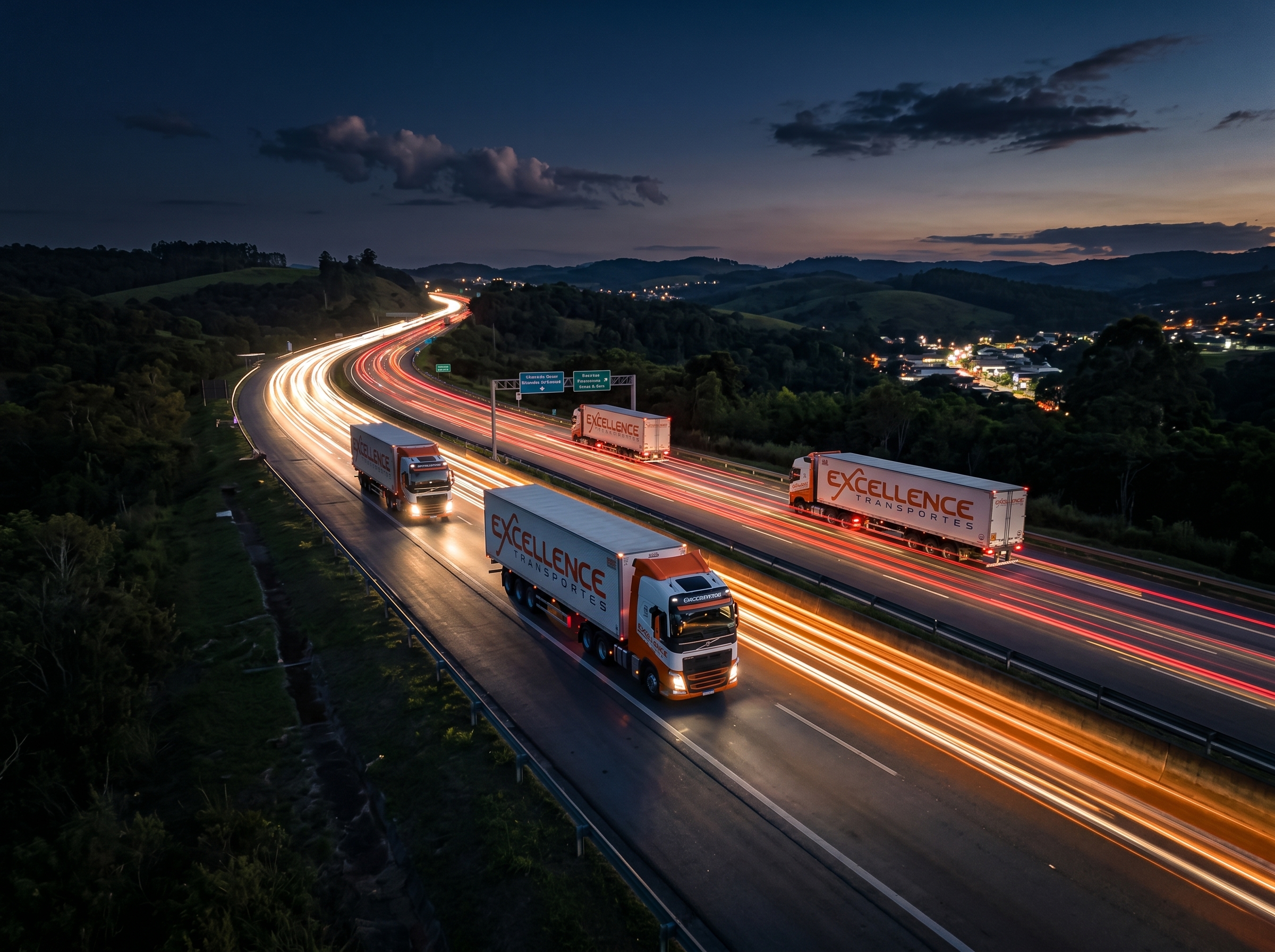 Frota Excellence Transportes em rodovia noturna — transportadora de cargas SP PR MG e Nordeste com cobertura nacional